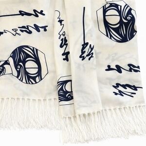 Genuine Silk Fringed White Scarf w/Navy Pattern